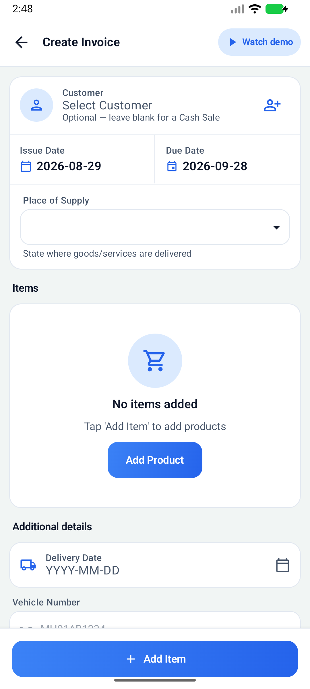 Create invoice screen in the Ledgerly Android app