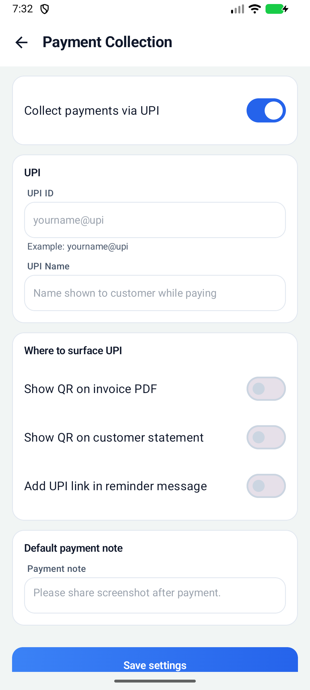 UPI payment collection settings in the Ledgerly Android app