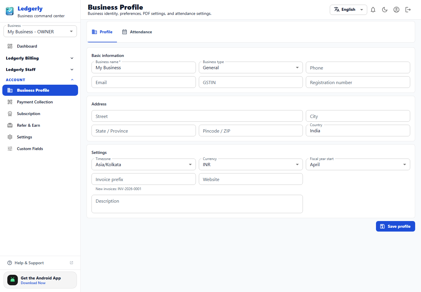 Business profile settings in the Ledgerly web app