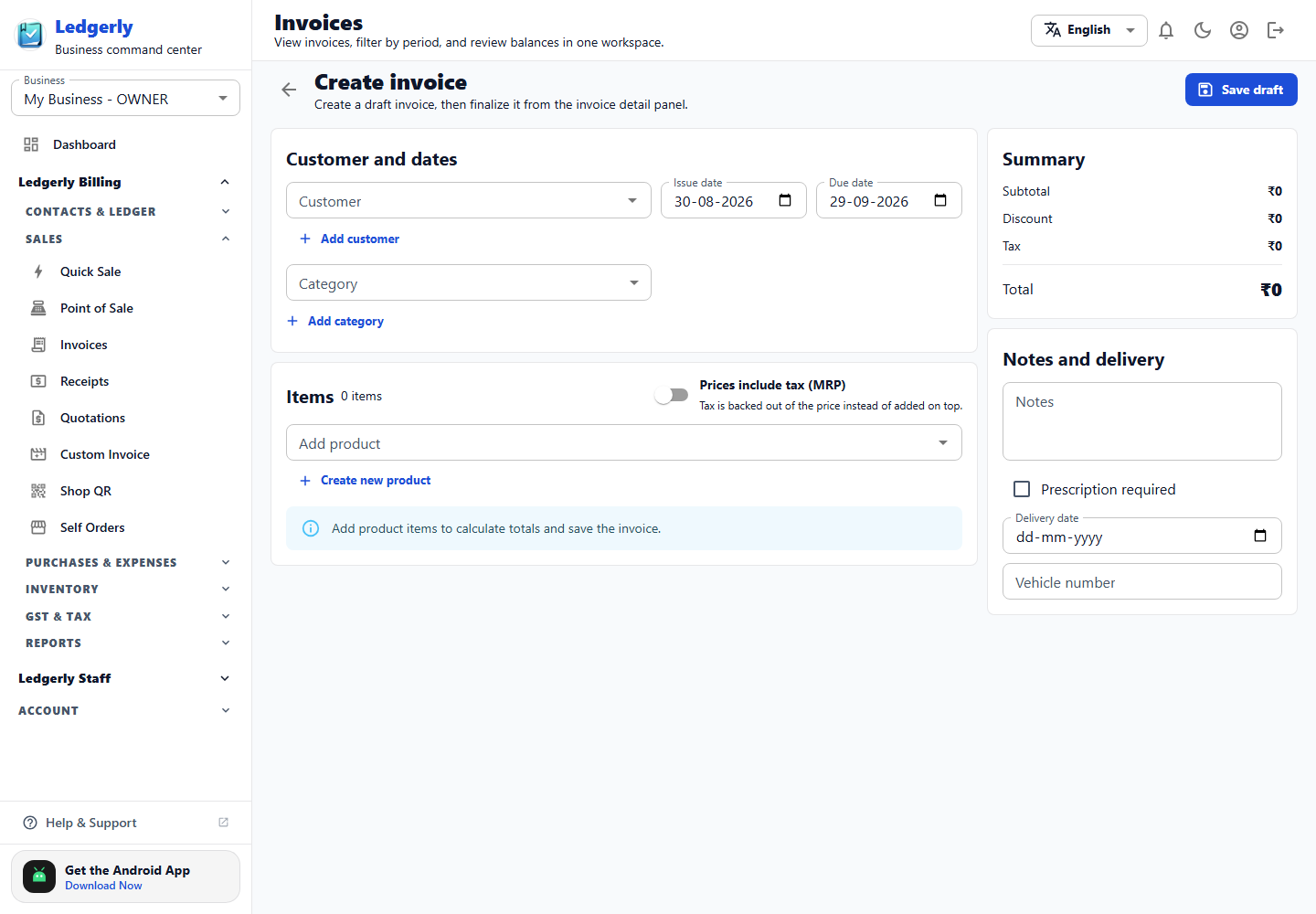 Create invoice screen in the Ledgerly web app