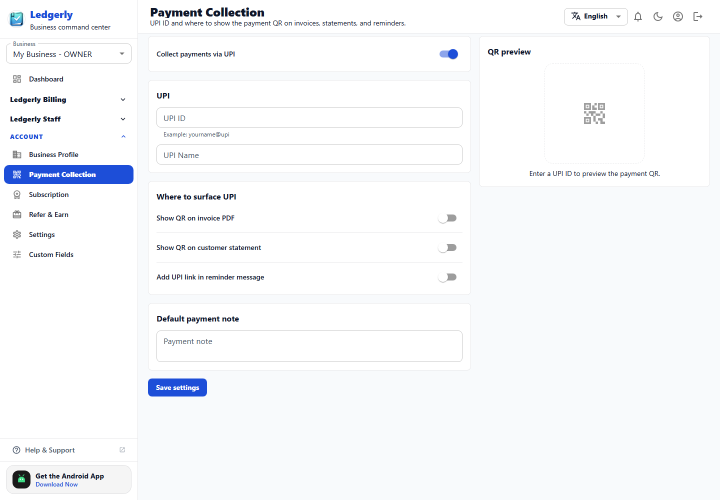UPI payment collection settings in the Ledgerly web app