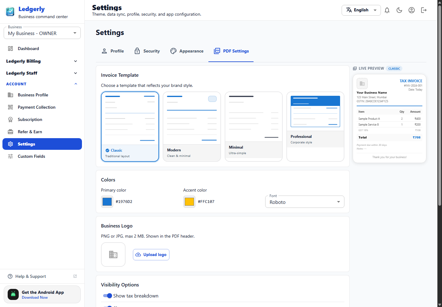 Invoice PDF templates and live preview in the Ledgerly web app