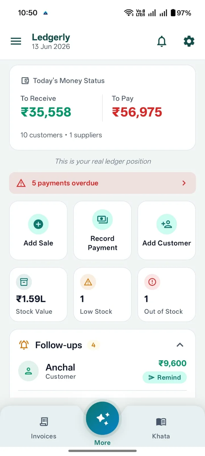Ledgerly Android app home screen