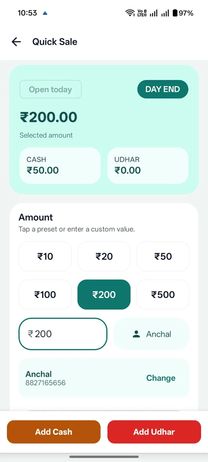 Ledgerly Quick Sale screen with cash and udhar entry
