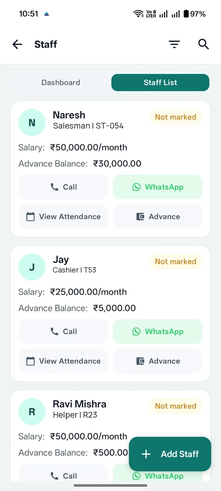 Ledgerly staff list with roles, salary and attendance actions