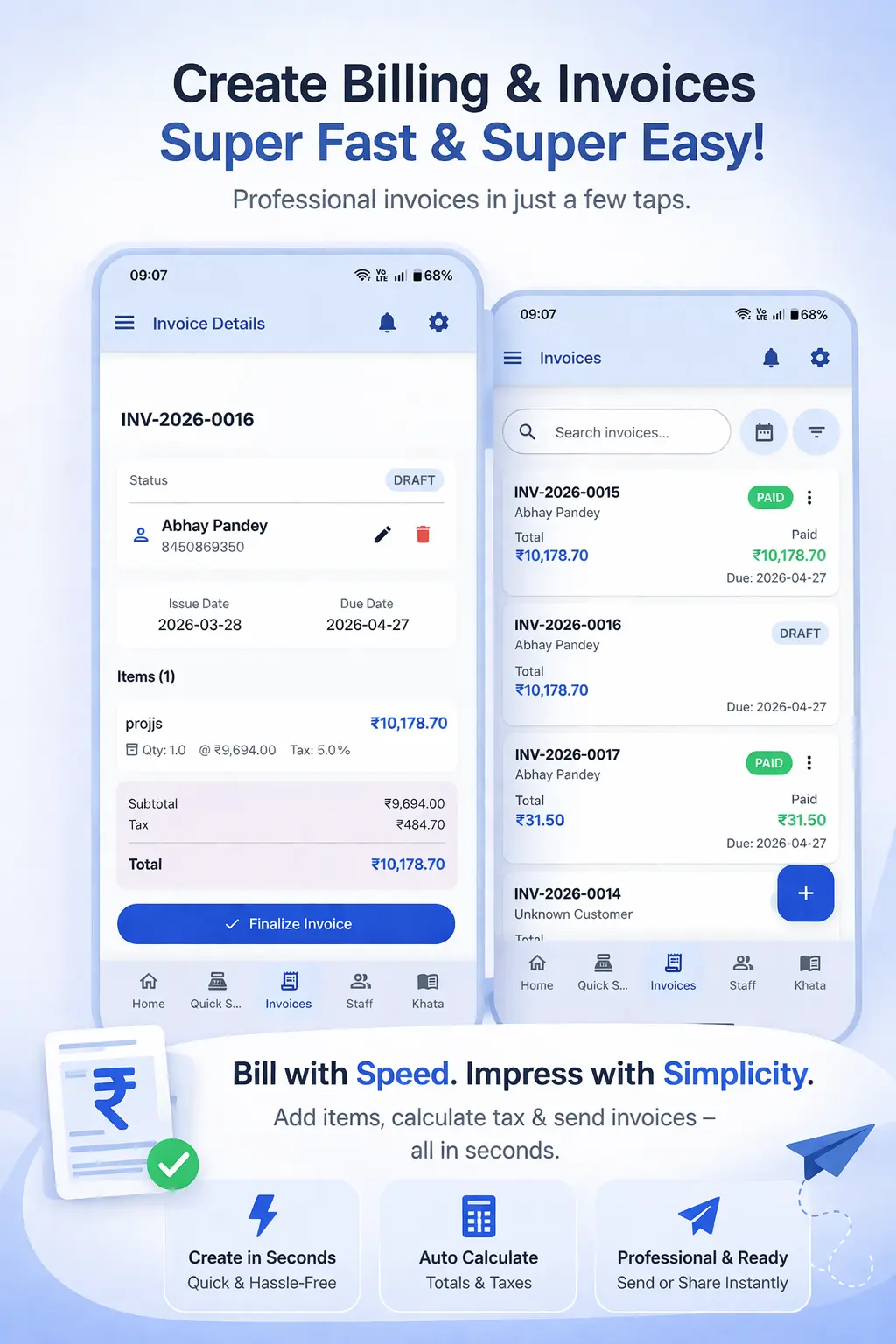 Ledgerly GST billing and invoice creation screenshots