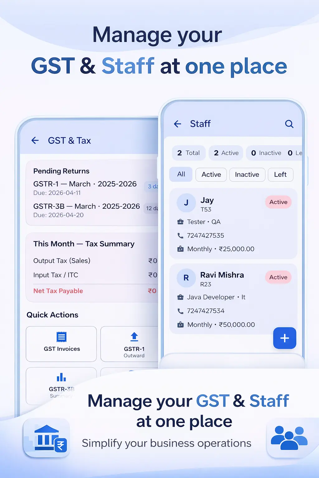 Ledgerly GST dashboard and staff management screenshots