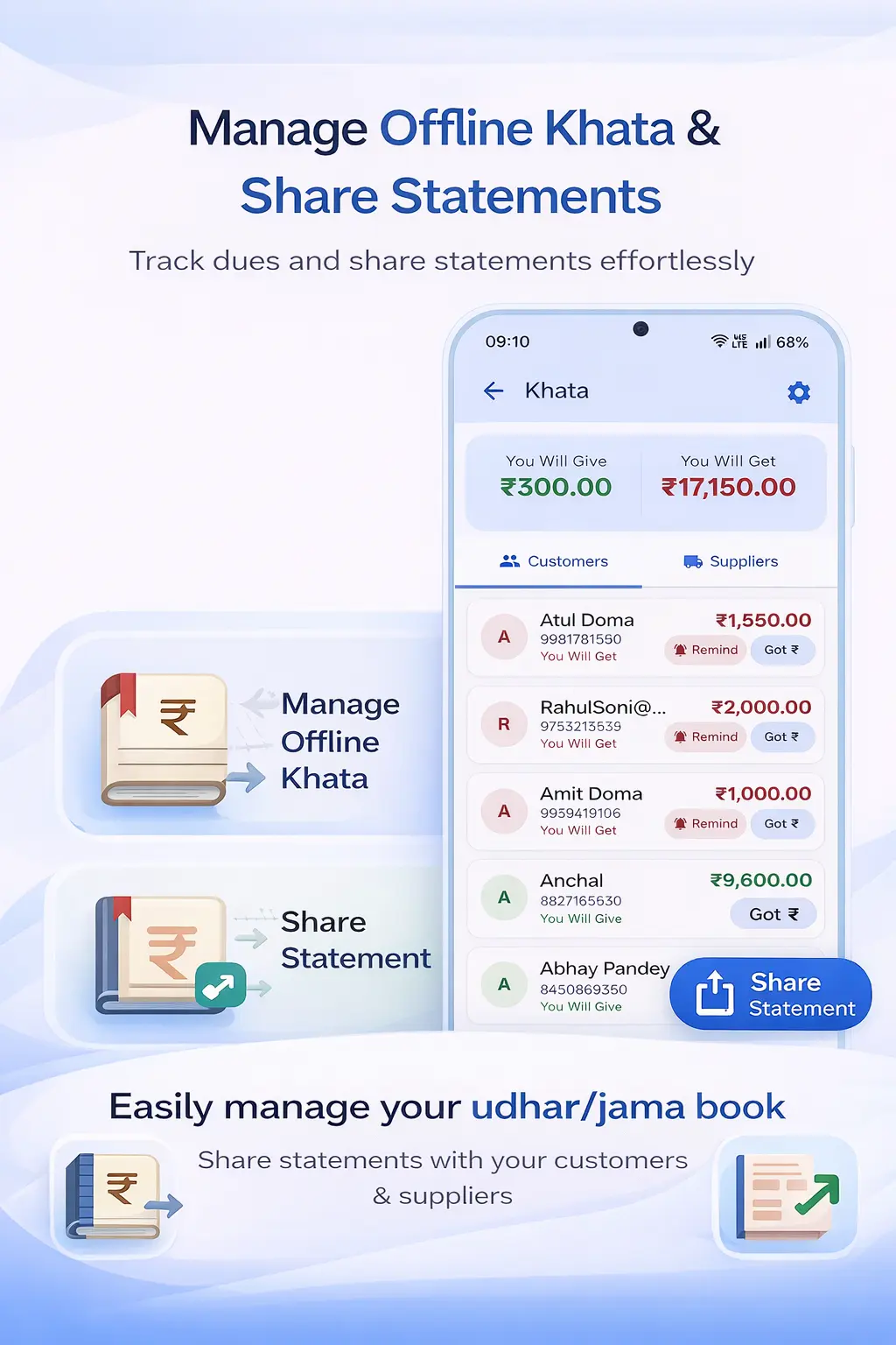 Ledgerly khata and statement sharing screenshots for customer dues
