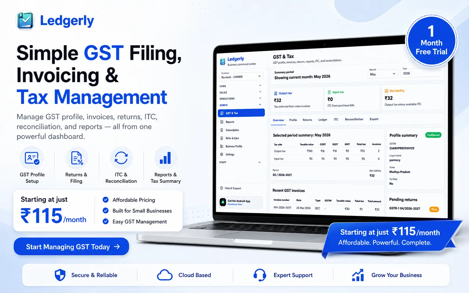 Ledgerly web GST billing screen for invoice and tax workflow