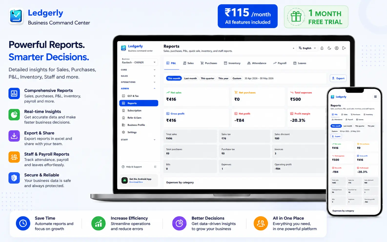 Ledgerly web reports screen for sales, cash and business summary