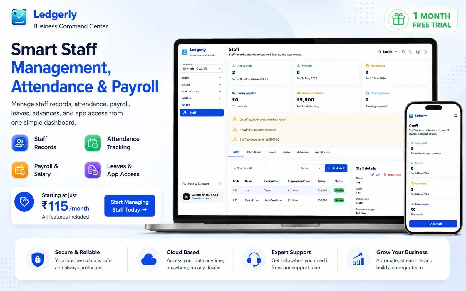 Ledgerly web staff management screen for attendance and payroll